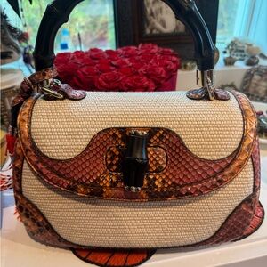 Gucci Cream Raffia Satchel with Red-Brown Python Trim and Black Bamboo Handle